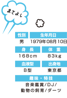 まさよし：【性別】男【生年月日】1979年 08月 10日【身長】168cm 　【体重】83kg【血液型】B型【出身地】東京都【趣味・特技】音楽鑑賞/DJ/動物の飼育/ダーツ