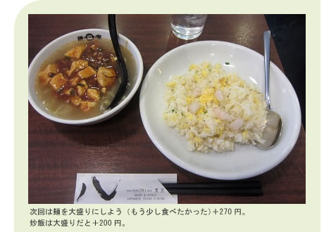 次回は麺を大盛りにしよう（もう少し食べたかった）。＋270円。炒飯は大盛りだと＋200円。